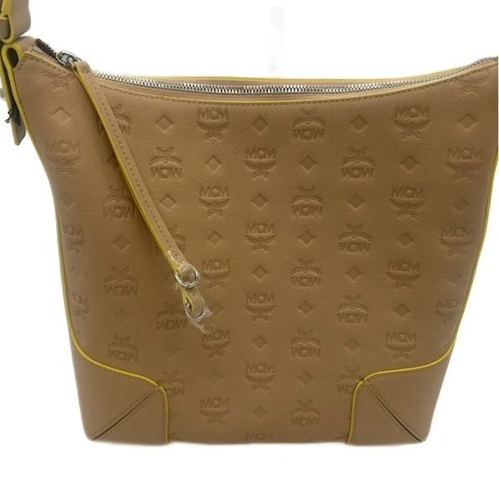 Authentic MCM Klara Monogram Embossed Leather Hobo Shoulder Bag Beige Yellow